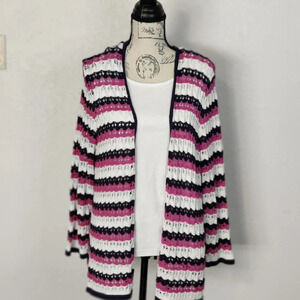Alfred Dunner Crochet Striped Pink Cardigan Long Sleeve Sweater Size‎ XL